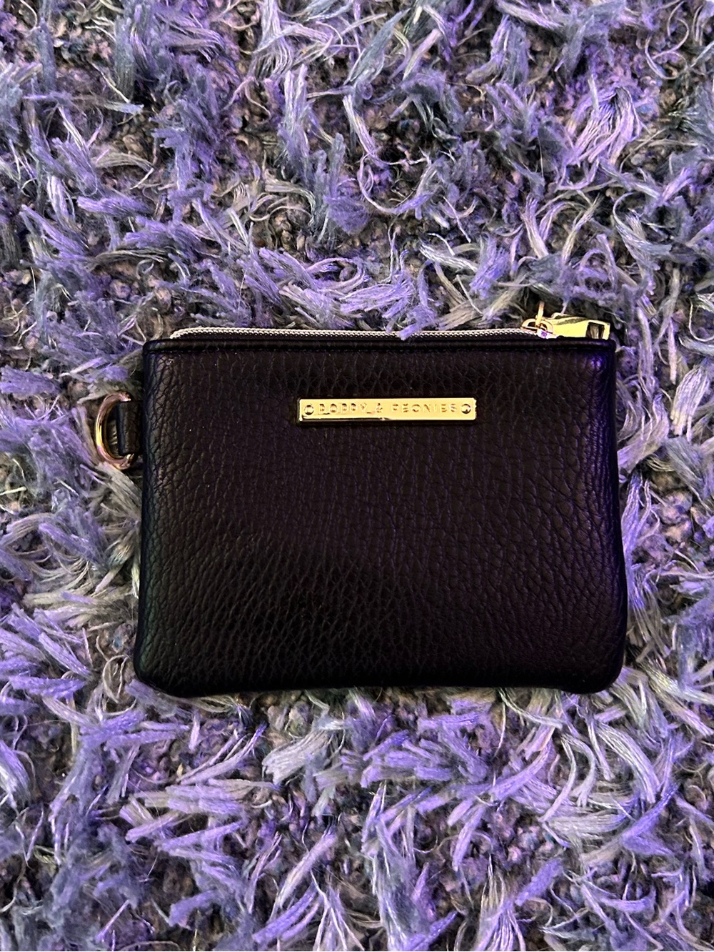Poppy & Peonies Black Pebbled Leather Coin Card Pouch with Gold Accent